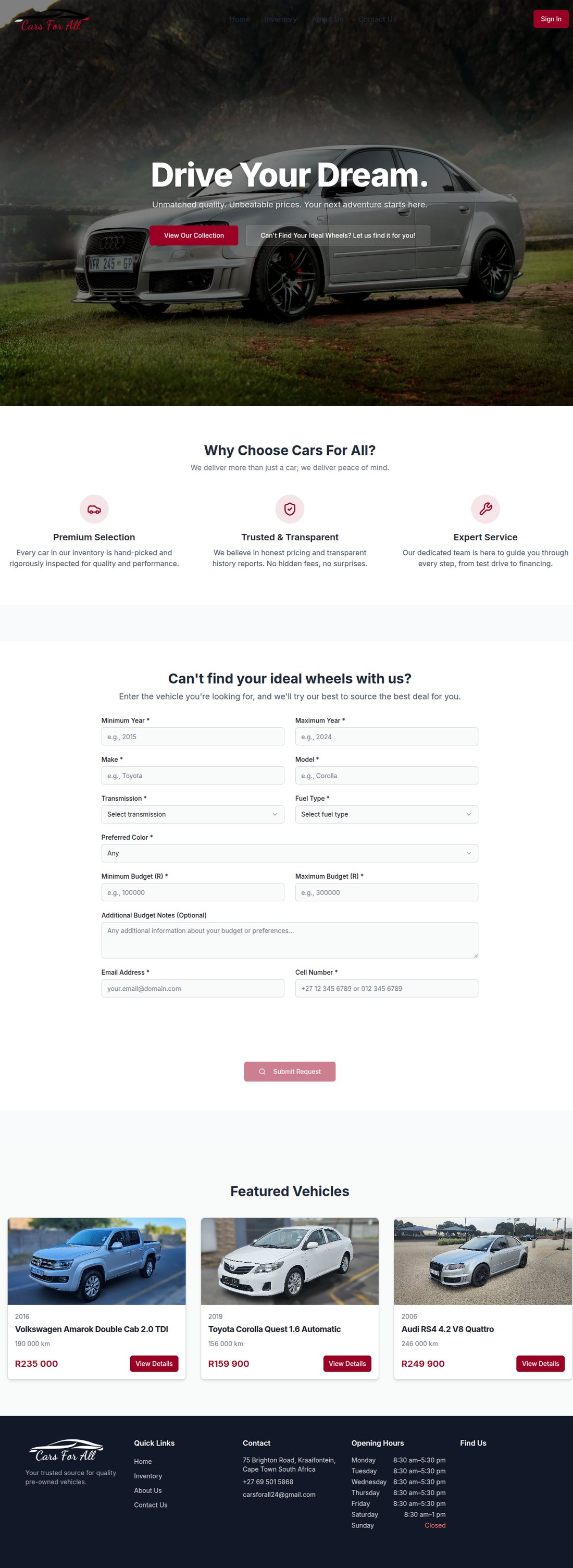 Cars for All — dealership homepage: 'Drive Your Dream' hero, vehicle search, and featured vehicles.